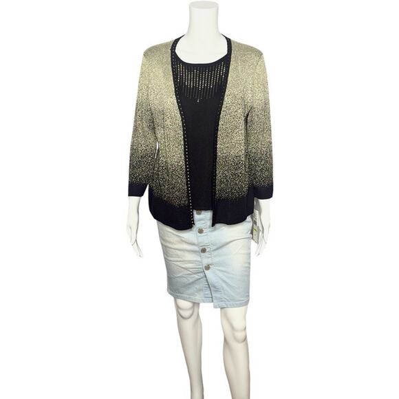 NWT Women's Alfred Dunner Classic Cardigan Layered Black Gold Sweater Size PM - Picture 1 of 5